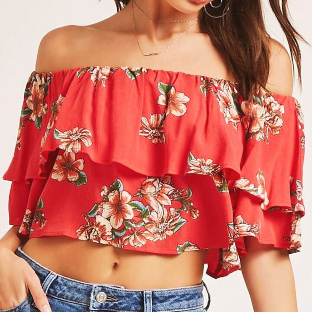 Red Floral Short Layered Top